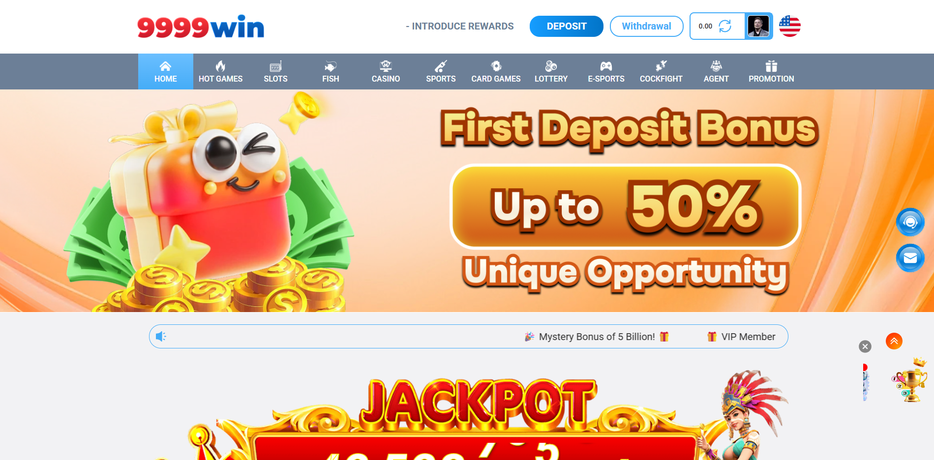 9999WIN game app homepage showing the first deposit bonus and game categories in Pakistan